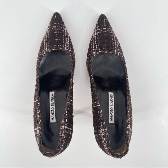 Manolo Blahnik BB Tweed Whipstitch Pumps Pointed Toe Purple Brown 37.5 / 7.5 - Picture 4 of 15